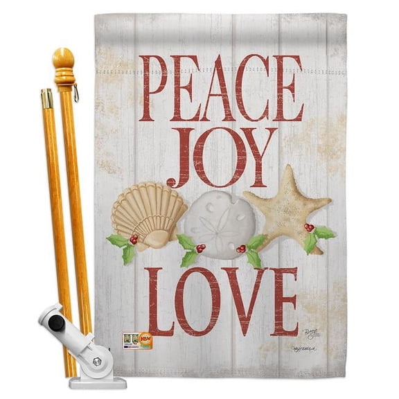 Breeze Decor BD-XM-HS-114133-IP-BO-D-US16-SB 28 x 40 in. Peace Joy Love Winter Christmas Impressions Decorative Vertical Double Sided House Flag Set & Pole Bracket Hardware