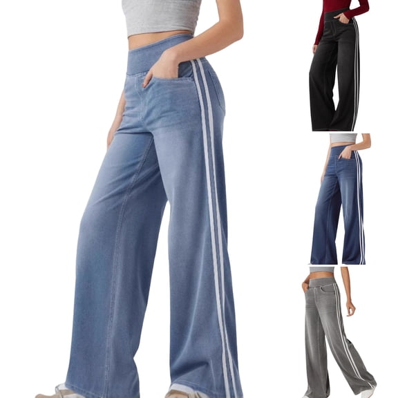 WULMLEO Women's High Waisted Wide Leg Jeans with Side Stripes Baggy Stretch Denim Pants for Casual Streetwear Light Blue 2XL
