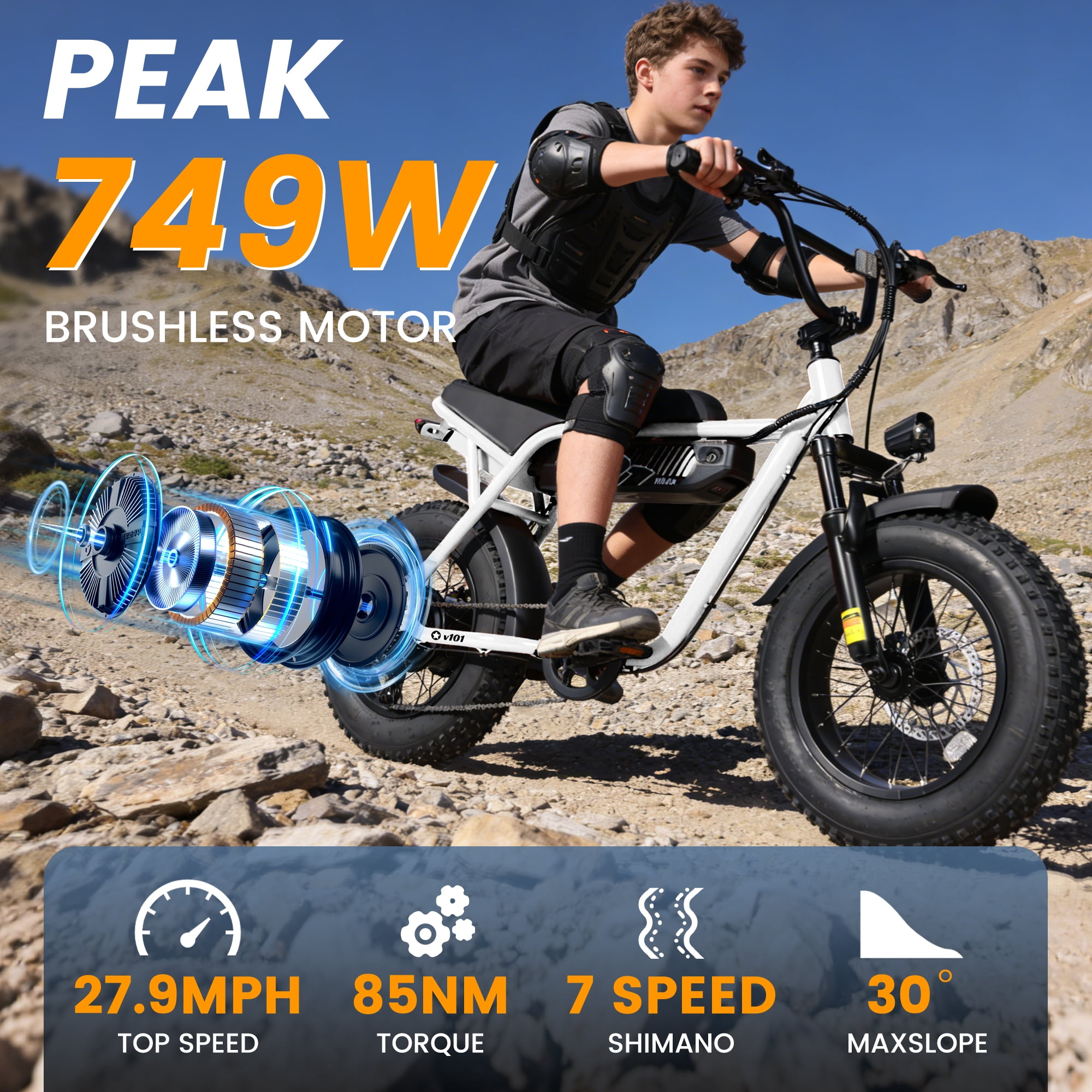 Eskute V101 Electric Bike for Adults & Teens – 28 MPH, 750W (Peak 1500W), 48V 13Ah Battery, 16"x4.0" Fat Tires, 7-Speed, Front Suspension, White with Phonebag & Lock, UL2849