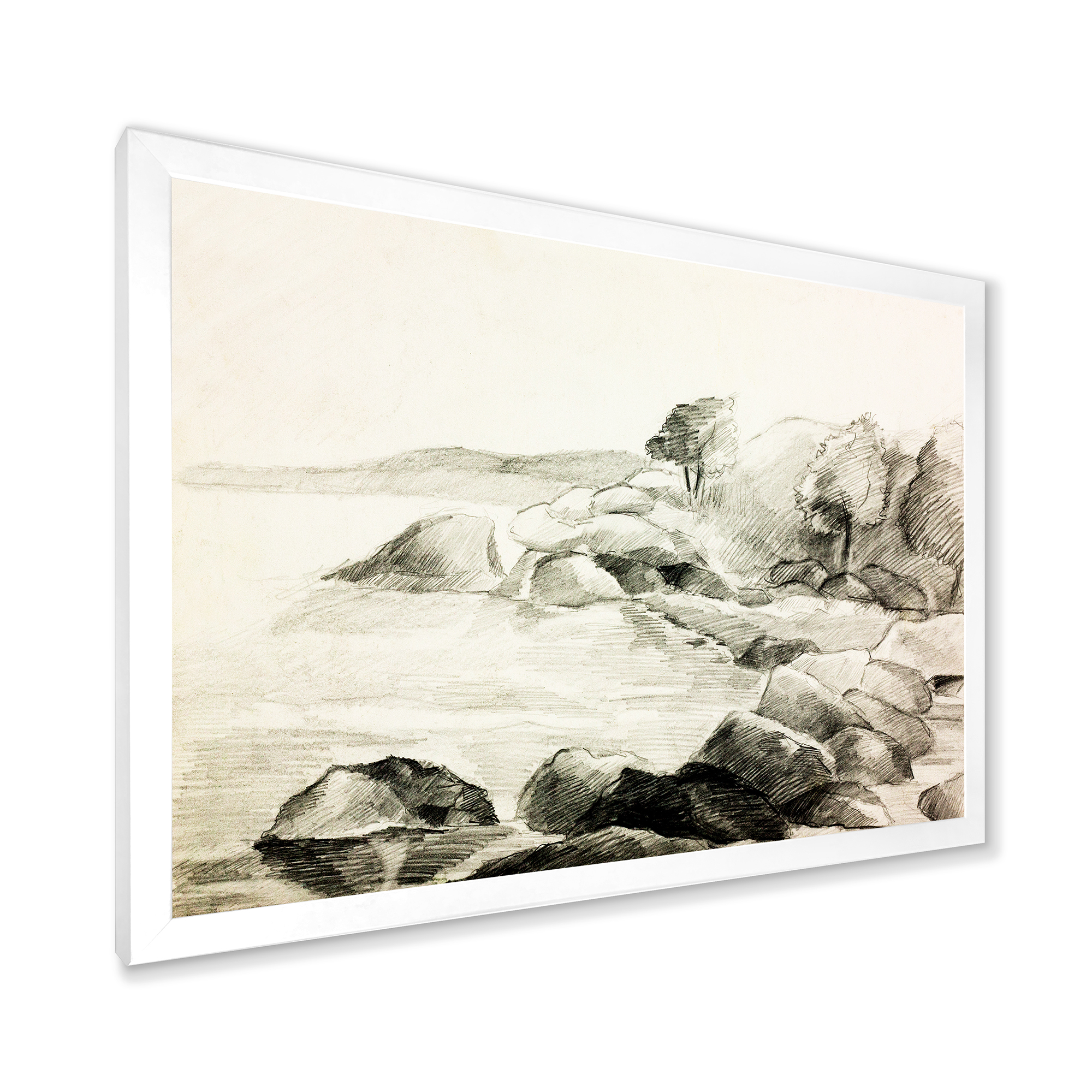 Designart 'Black and White Lake Shore' Nautical & Coastal Framed Art Print