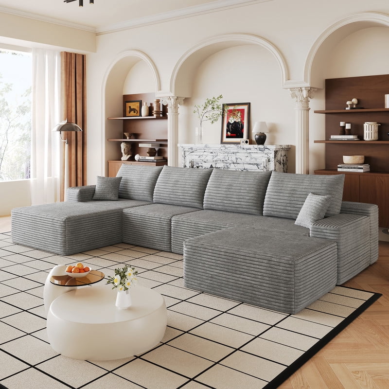 135" Cloud Sectional Sofa with Ottoman, U-Shaped Modular Sofa Couch with Chaise, Modern Minimalist Deep Seat Upholstered Sectional for Living Room, Plush Corduroy Fabric Corner Sofa