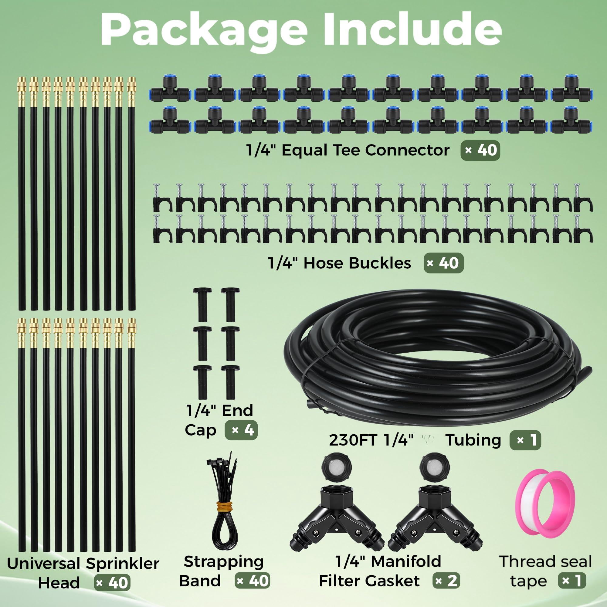 230ft Drip Irrigation System For Garden: 40 Nozzles 1/4" Pe Tubing Automatic Watering Kit Adjustable Misting Sprinkler Mister Hose Water Plants Tape Raised Beds Lawn Outdoor Yard Greenhouse