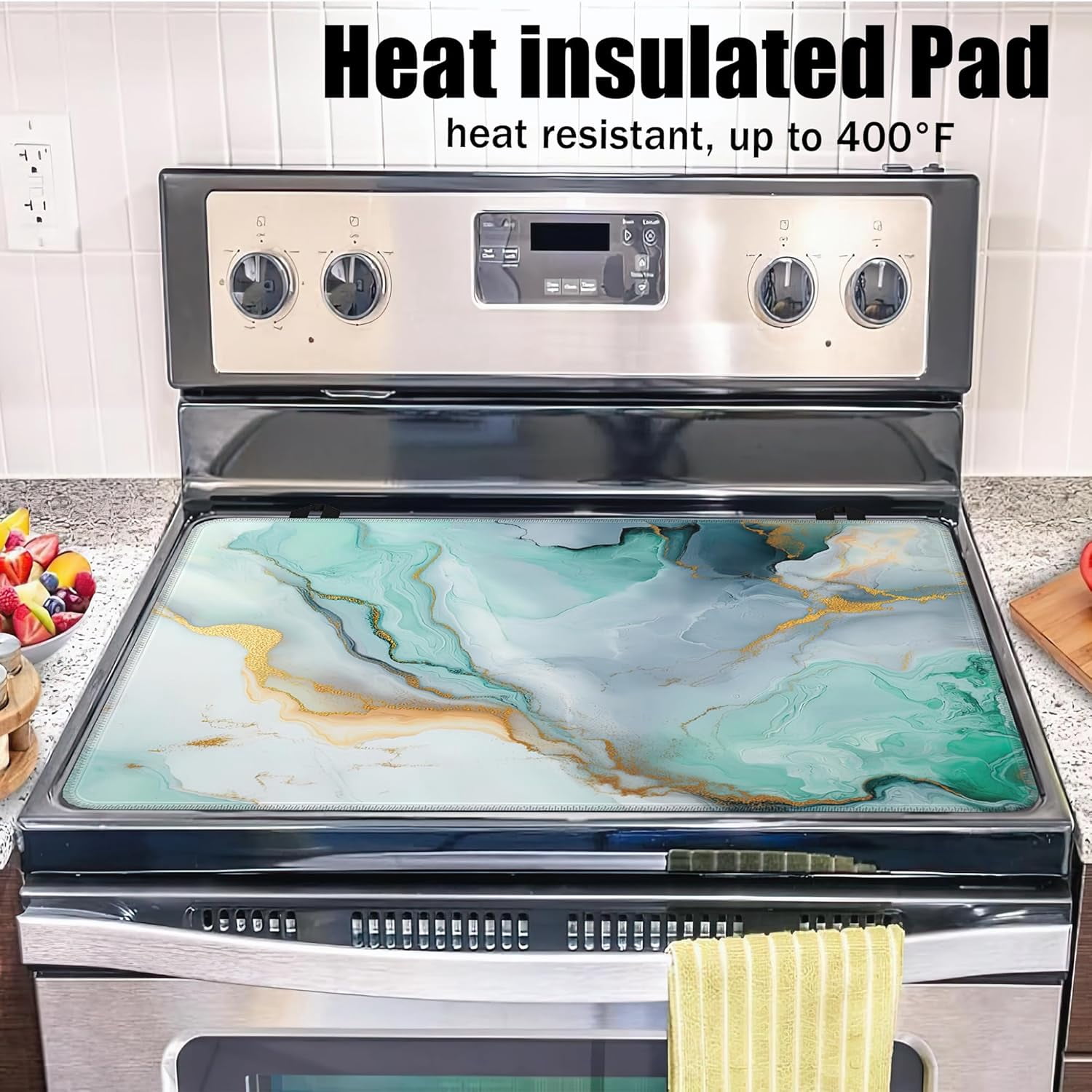 Electric Stove Top Cover,Green Gold Marble Stove Cover for Glass Top Electric Stove,ModernAbstract Heat Resistant Flat Top Stove Mat Countertop Protector, 28 x 20 Inch