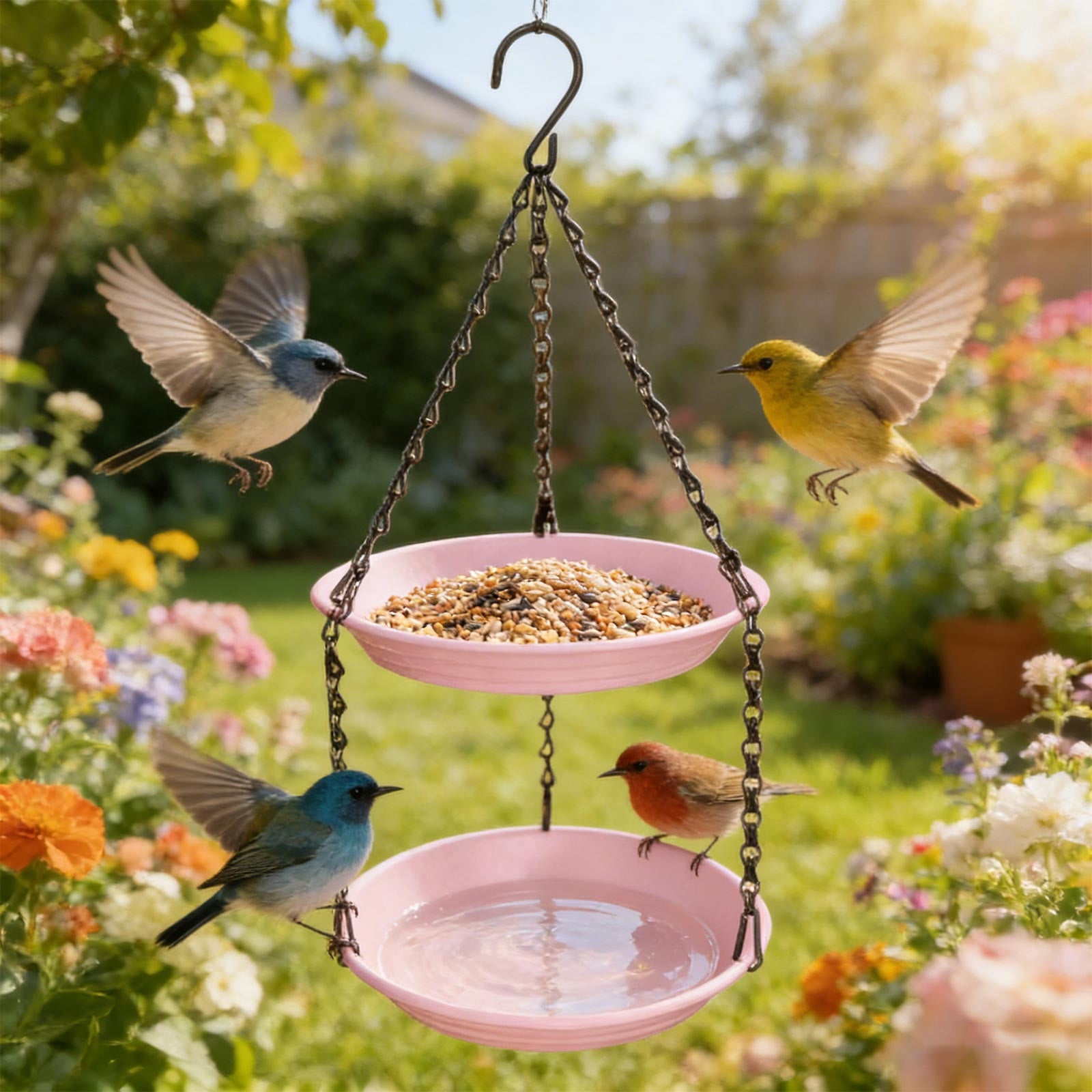 Double Layer 2-in-1 Hanging Bird Feeder with Water Basin, Weather Resistant Plastic Outdoor Wild Bird Feeding Station for Garden, Backyard, Pink