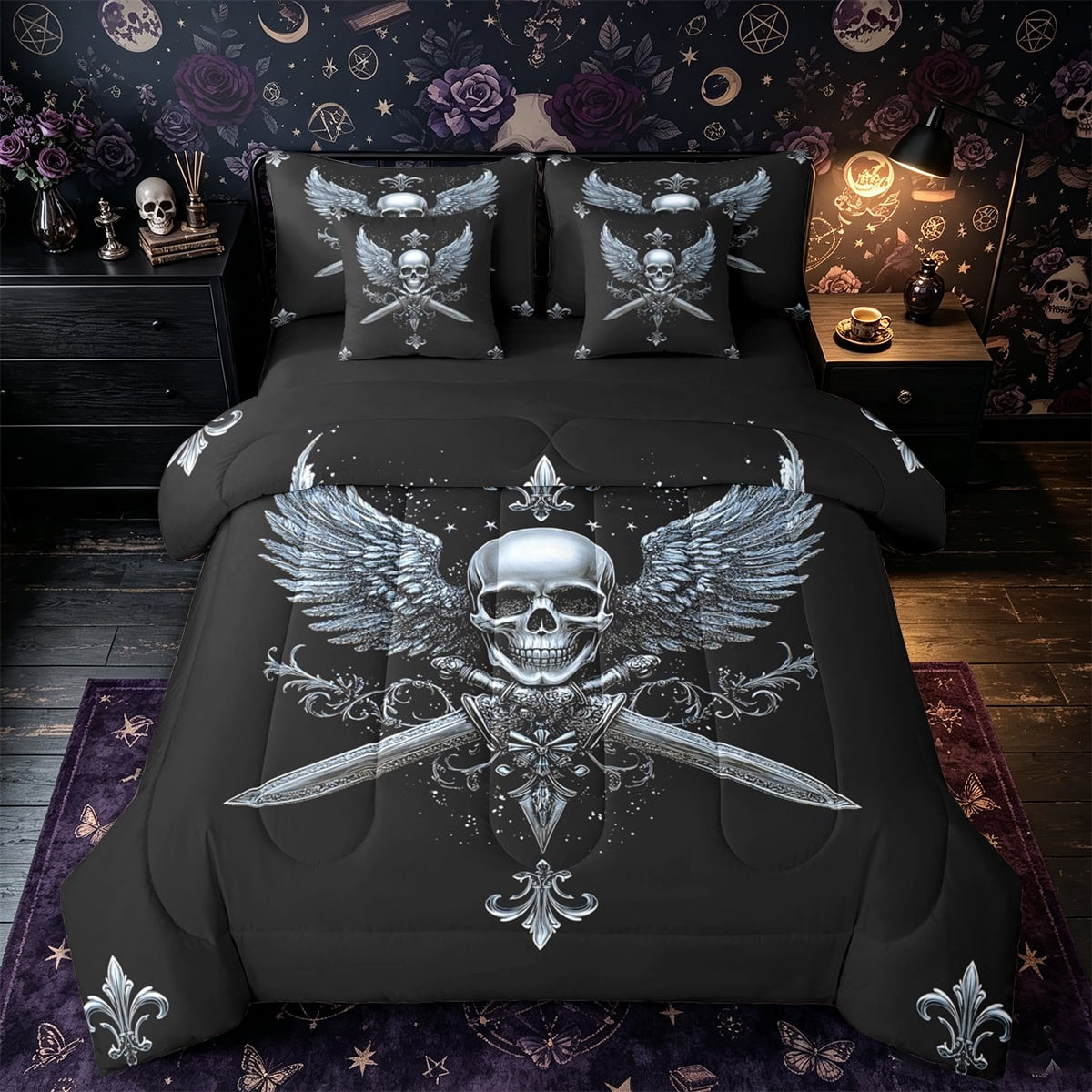 Castle Fairy Gothic Skull Full Size Bedding Sets 7 Pieces Wing Skeleton Crossed Sword Full Size Bed in a Bag Silver Black Black Reversible