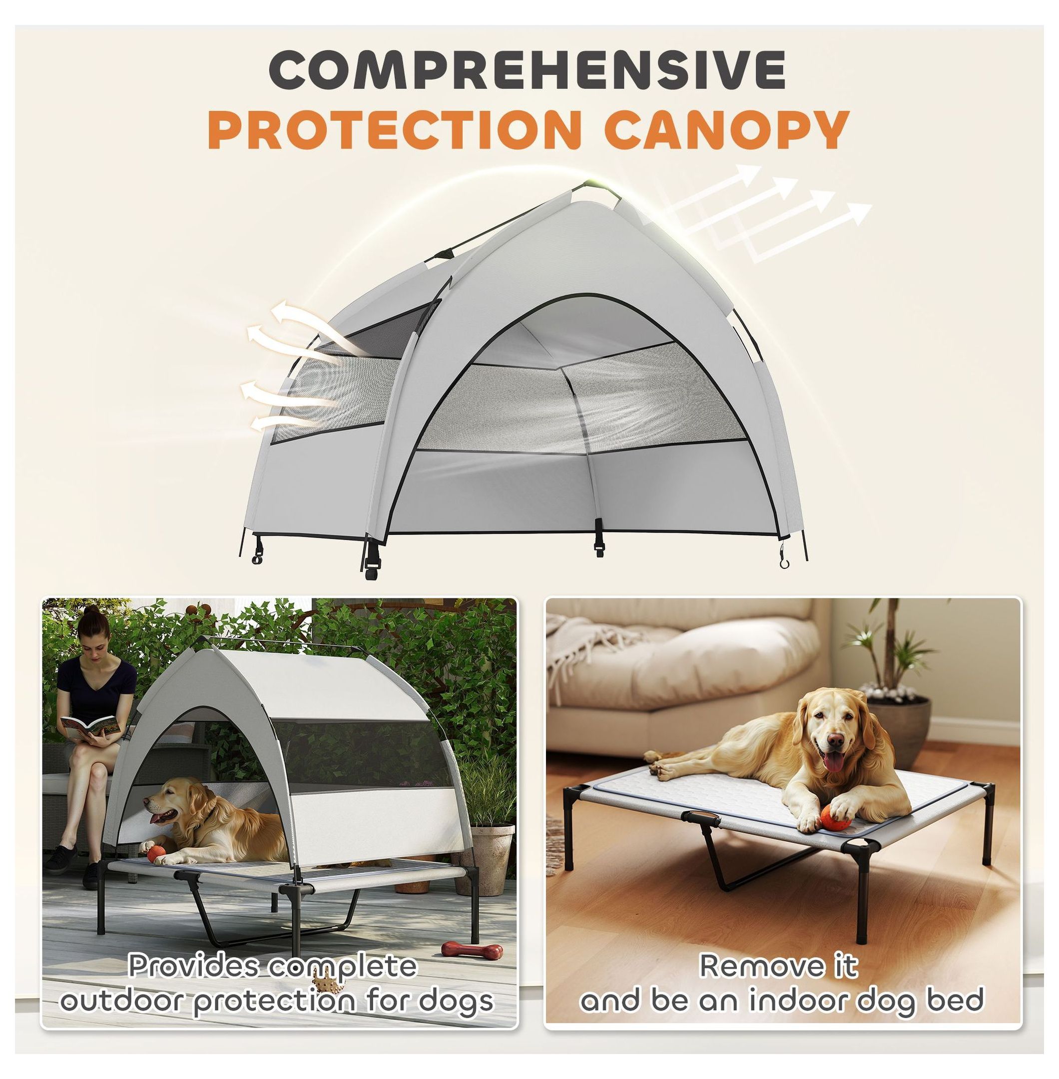 Elevated Dog Bed with Canopy, Portable Outdoor Dog Cot with Cooling Pad, 36x29.5x35in