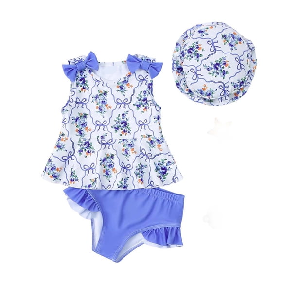SDNall Ensemble de Petit Maillot de Bain pour Filles avec Chapeau d'Été, Maillot de Bain à Bretelles Séparées Imprimé pour Tout-Petits, 1 Mois-4 Ans
