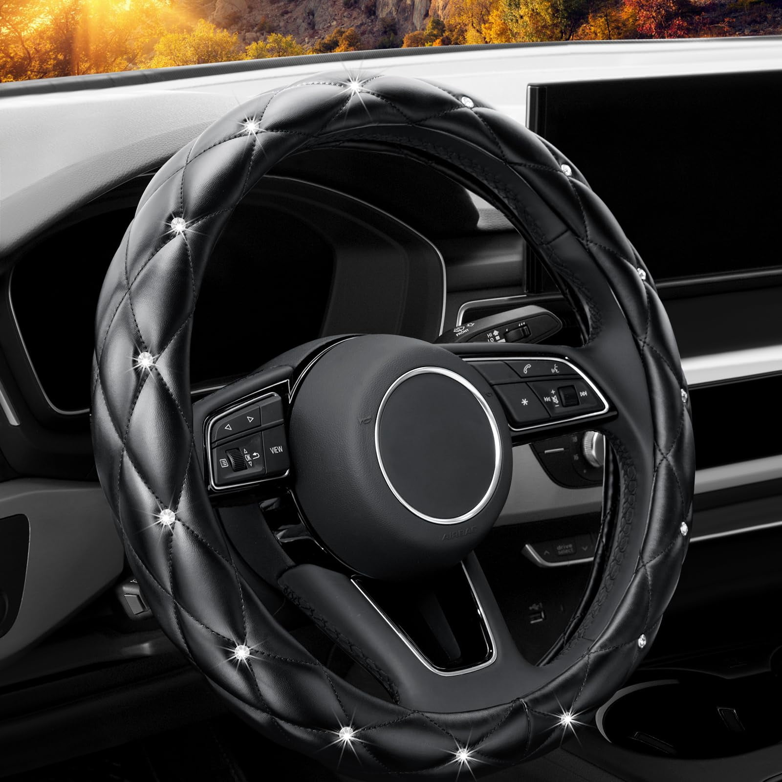 Diamond Soft Leather Anti-Slip Steering Wheel Cover, Stylish Wheel Cover, Cover for Vehicles, Sedans, SUVs, Vans, Trucks, Black