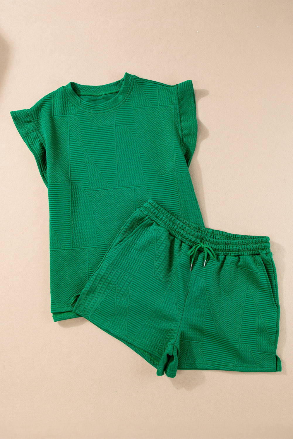 thumbnail image 6 of Women's Dark Green Textured Ruffle Split Top and Drawstring Shorts Set, 6 of 12
