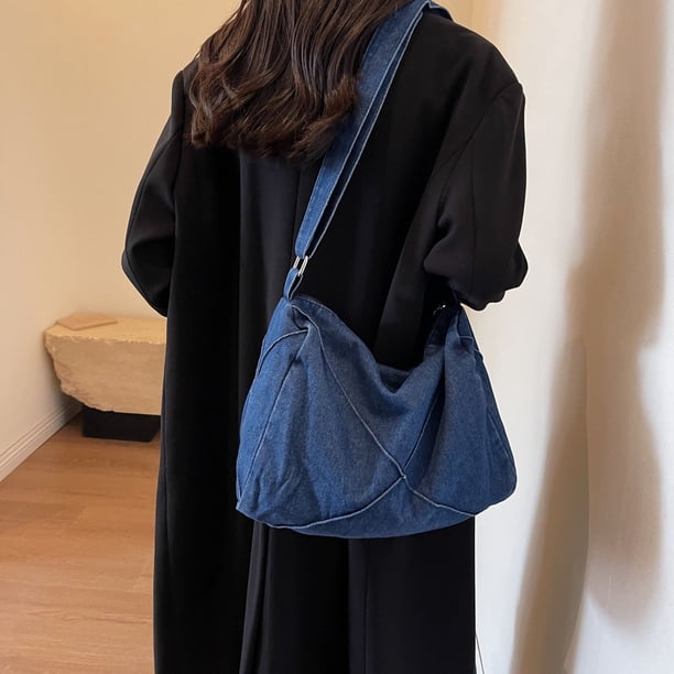 Bolso Hobo elegante para mujer Bolso de compras de gran capacidad de mezclilla de color sólido (azul oscuro)