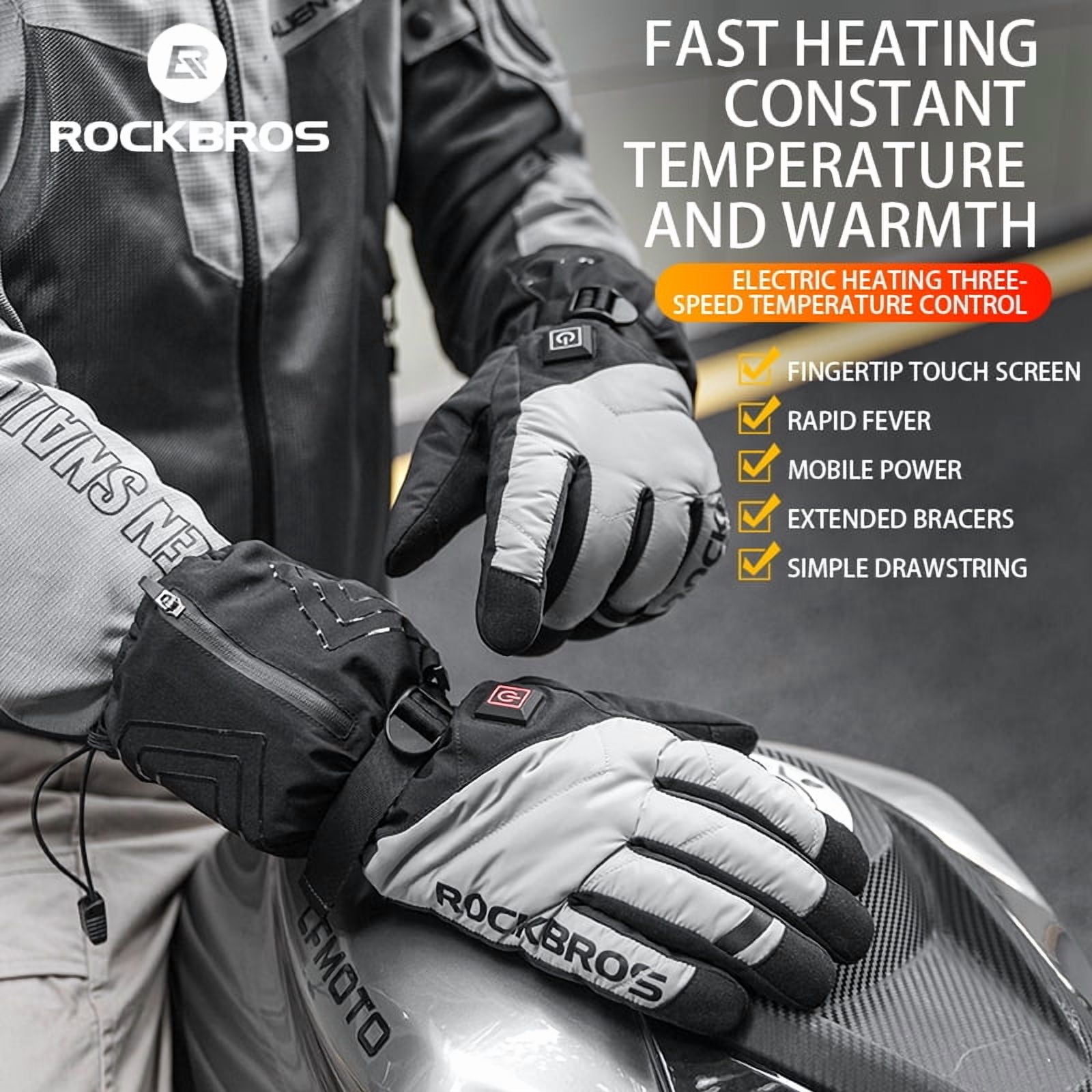 ROCKBROS Electric Heated, Rechargeable 4000mAh with Hidden Pocket Design Motorcycle Gloves 3 Heating Mode Adjust Fleece/Thickening Riding Windproof Touch Screen Sensitive Winter Cycling Gloves