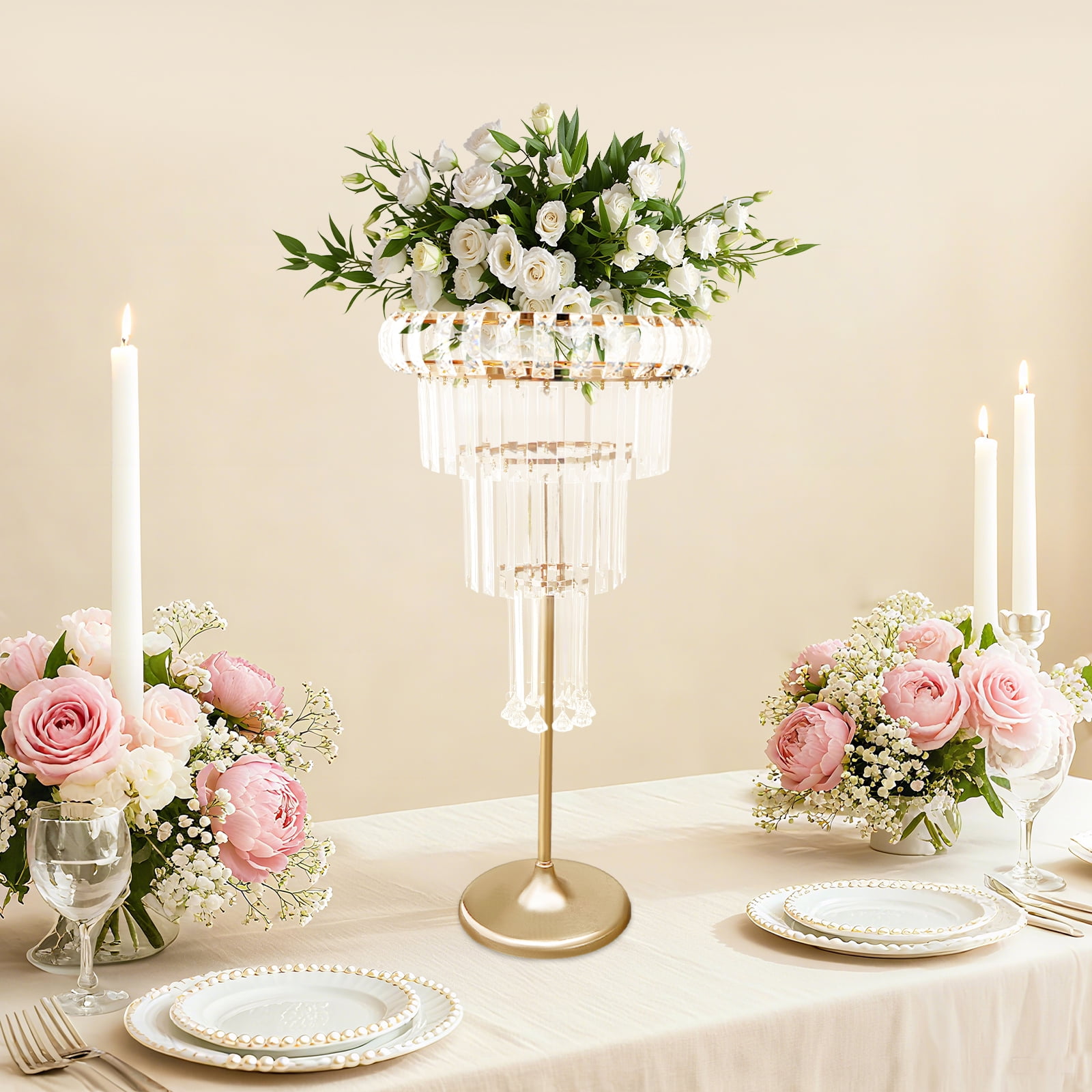 Flower Vase Crystal Flower Stand Wedding Centerpieces, 4 Tier Rectangular Chandelier Pedestal Stand, Round Pedestal Flower Holder Display, for Party, Dinner Event, Hotel/Home Decor