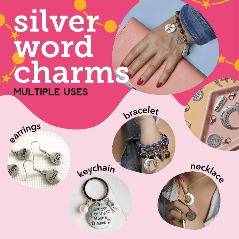 Silver Word Charms Bulk (60 Pcs) with Clasps & Rings for Jewelry Making by  Incraftables 