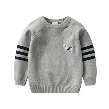 

KYAIGUO Toddler Boy Round neck Sweatshirt Long Sleeve Striped Warm Sweatshirt with Puppy Embroidery Infant Boy Crewneck Pullover Sweater Clothes 2-6Y