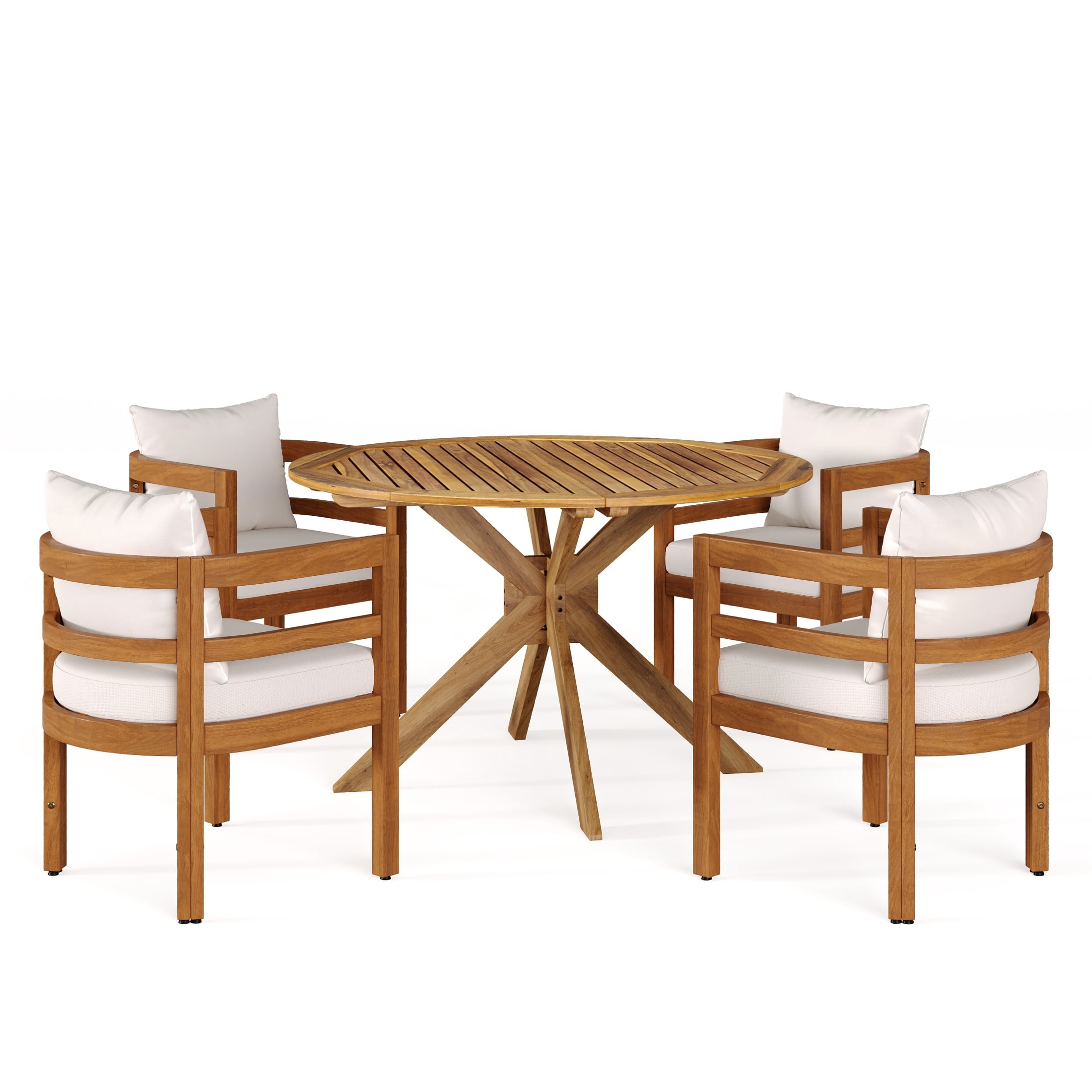 Christopher Knight Home 5-Piece Outdoor Wood Dining Set, Round Table with Beige Cushioned Chairs, Teak