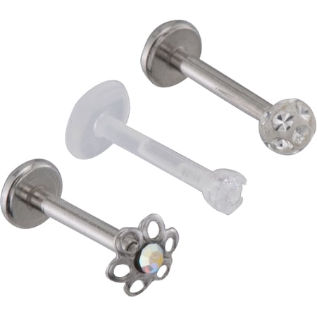 Body Jewelry Women's 16 Gauge Internally Threaded Stainless Steel Monroe Studs, 3-Pack