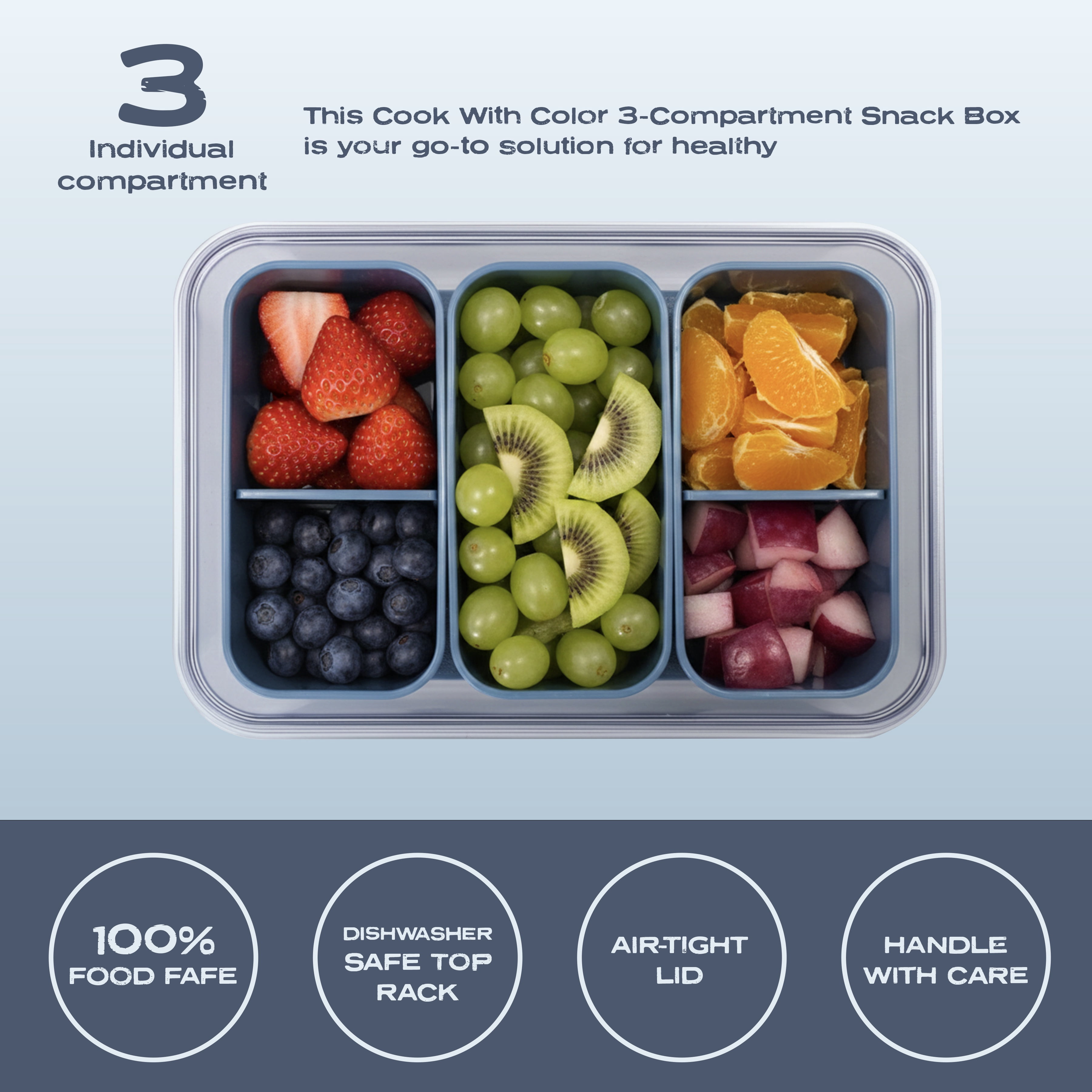 (3 pack) Cook with Color 3-Compartment Snack Box with Removable Ice Pack, Portable Food Storage with Locking Lid and Handle, Blue
