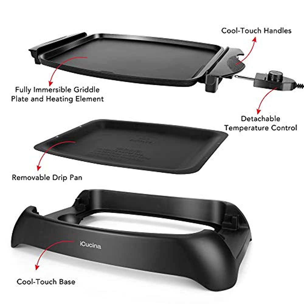 Icucina 1000 Watt NonStick EvenHeating Flat Electric Griddle Grill