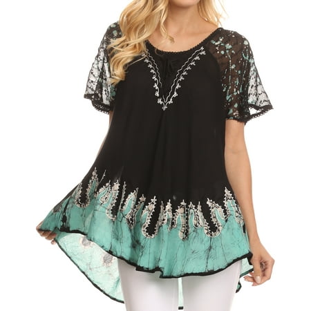 Sakkas Cora Relaxed Fit Batik Design Embroidery Cap Sleeves Blouse / Top - Black / Mint - One Size