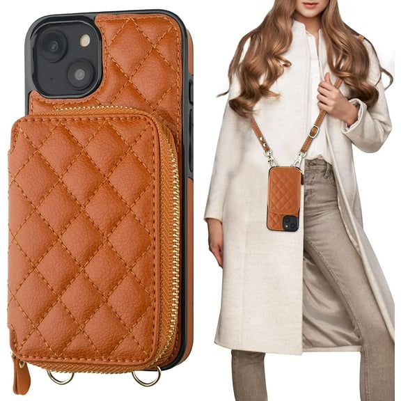 Crossbody Wallet Case for iPhone 14 Plus, RFID Blocking PU Leather Zipper Handbag Purse Flip Cover, Kickstand Folio Case with Card Slots Holder Wrist Strap Lanyard 5G 6.7 Inch (Brown)