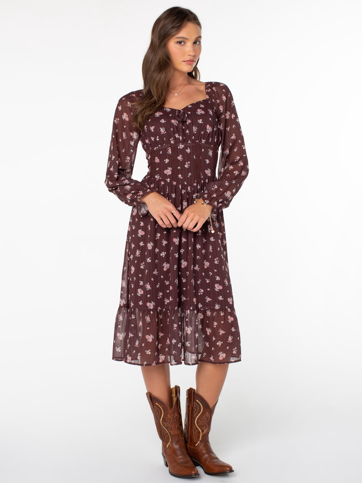 Celebrity Pink Women's Long Sleeve Basque Waist Midi Dress, Sizes XS-XXXL