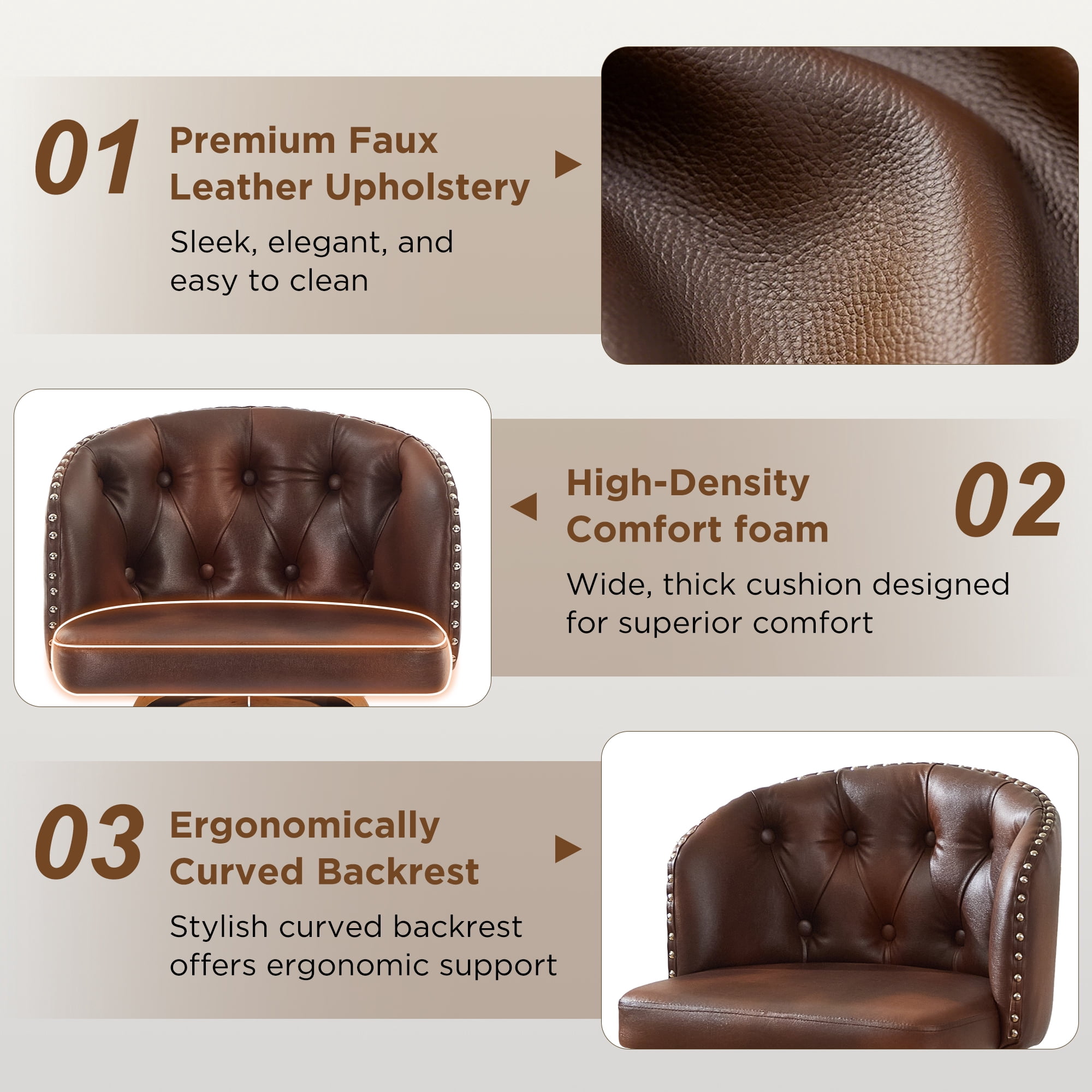 Fahomiss 28" Swivel Bar Stools with Back Set of 4, Leather Farmhouse Bar Height Stools, Brown
