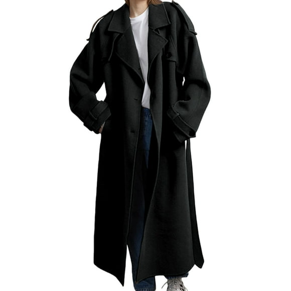 Women'S Winter Double Breasted Wool Coat Long Sleeve Lapel Midi Long Winter Trench Coat with Belt Black M