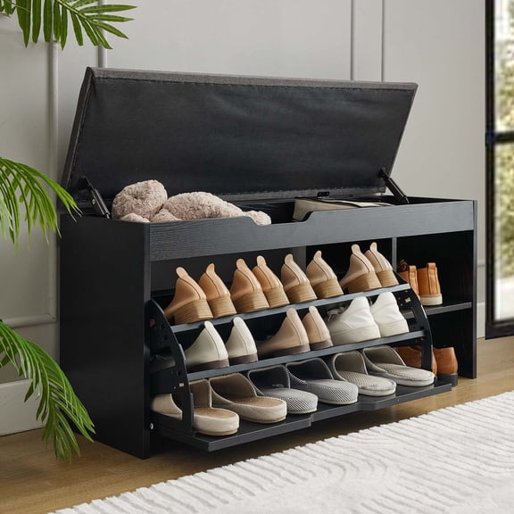 Shoe Storage Bench with Cushion Seat, Flip Drawer & Adjustable Shelves for Hallway, Bathroom, Garage, Black