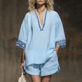 thumbnail image 6 of Delconic Women Bohemian Print V Neck Short Sleeve Top and Split Hem Shorts Two Piece Summer Set for Casual and Daily Wear Sky Blue S, 6 of 7