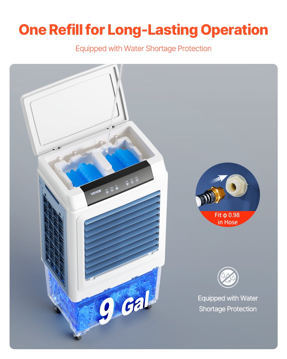 VEVOR Evaporative Air Cooler, 3100 CFM with 9 Gallon Water Tank Swamp Cooler, Portable Cooling Fan with Remote Control,12H Timer,4 Ice Boxes,3 Speeds