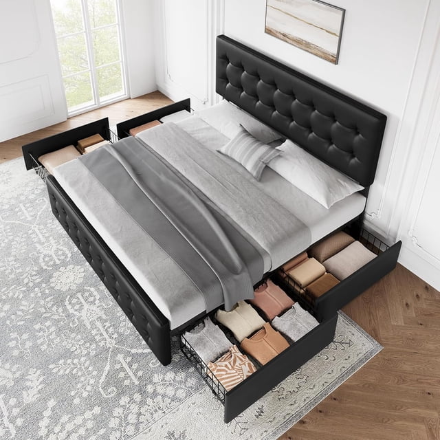 Eastvita IDEALHOUSE Linen Upholstered Platform Bed Frame with 4 Storage Drawers/Headboard/Wooden Slats Support//Button Tufted Design - No Box Spring Needed