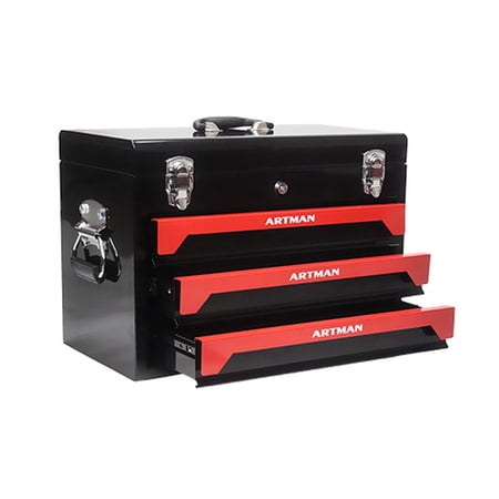 20 Portable 3 Drawer Steel Tool Box with Metal Closure Black&Red