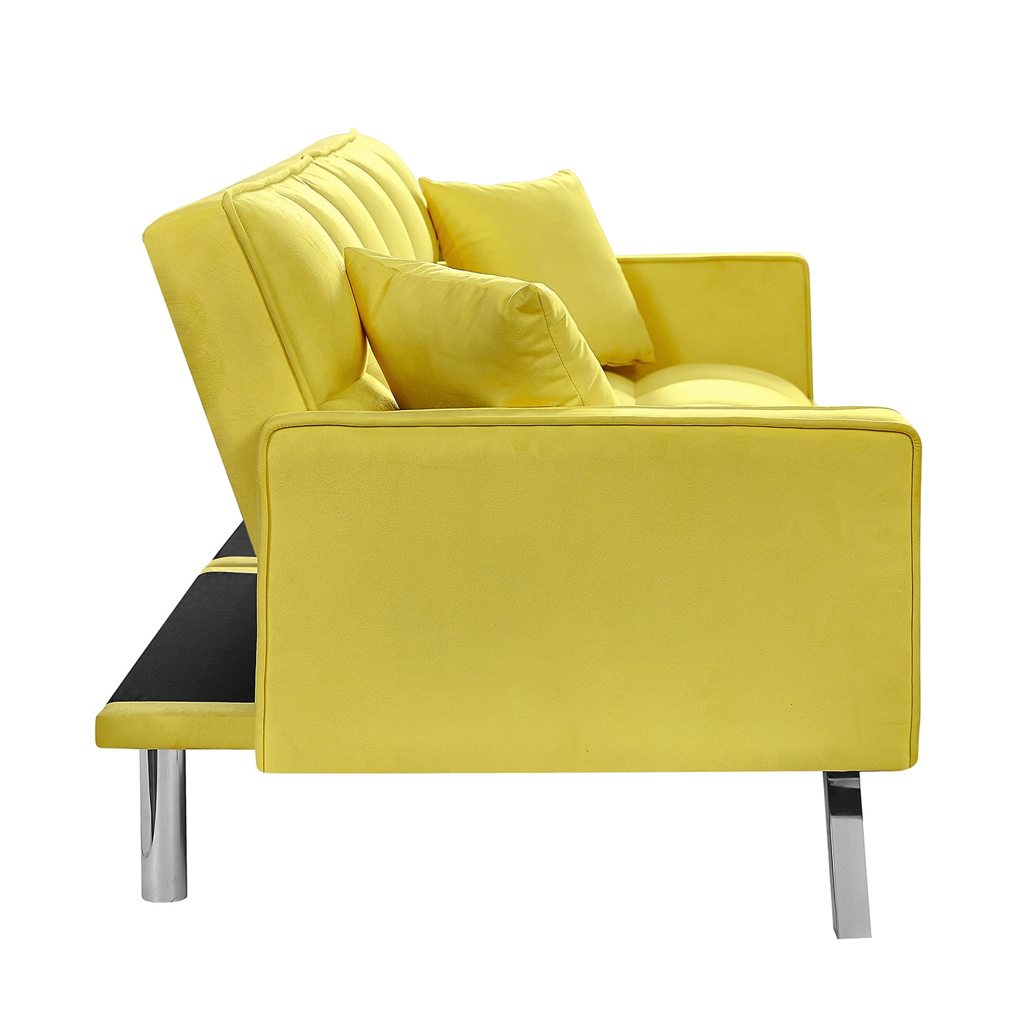 Kadyn Convertible Futon Sofa Bed, Velvet Couch Bed with Armrests and 2 Pillows, Modern Futon Sofa for Compact Living Space, Yellow Kadyn Convertible Futon Sofa Bed, Velvet Couch Bed with Armrests and 2 Pillows, Modern Futon Sofa for Compact Living Space, Yellow