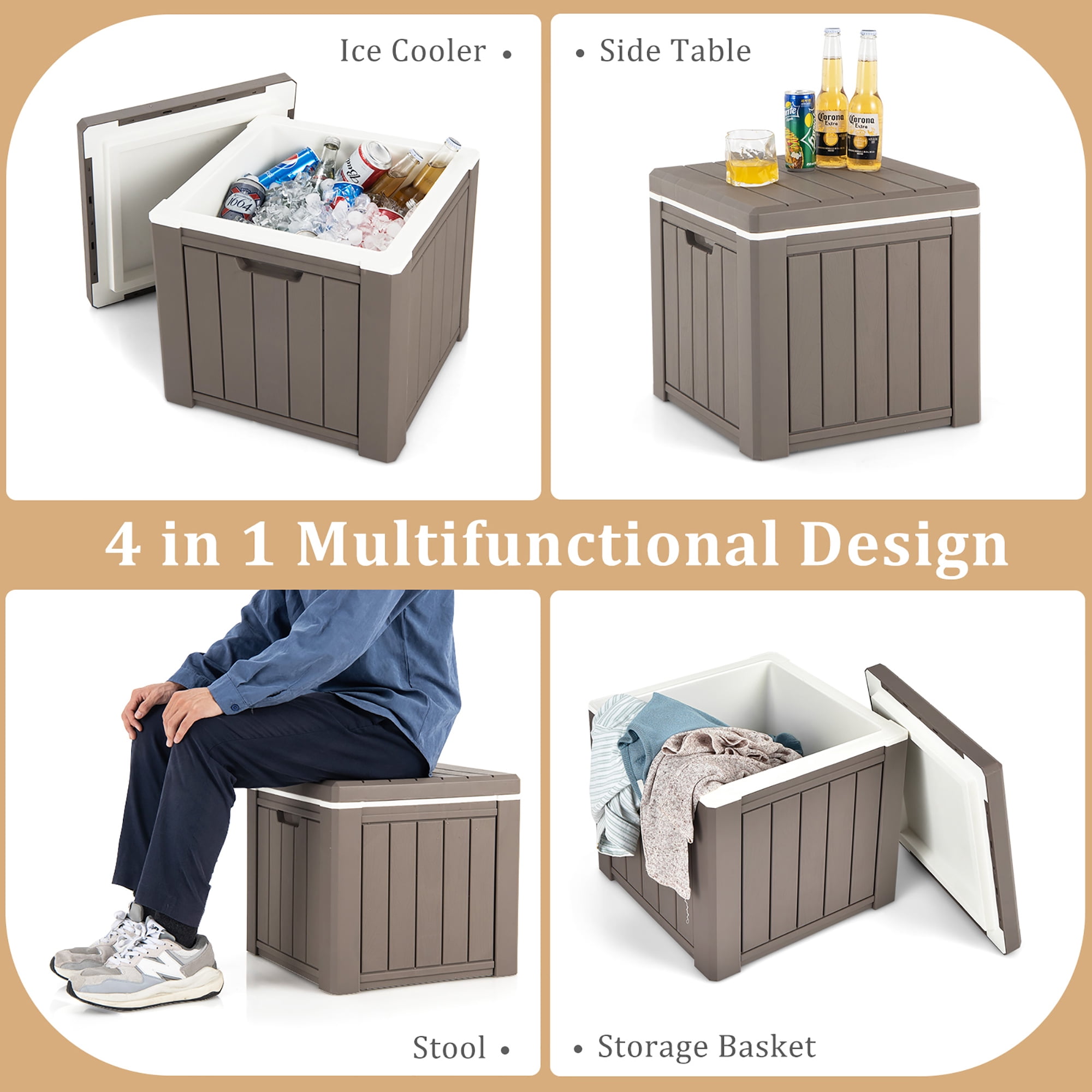Costway 10 Gallon Ice Cooler w/ Built-in Handles and Detachable Lid Brown