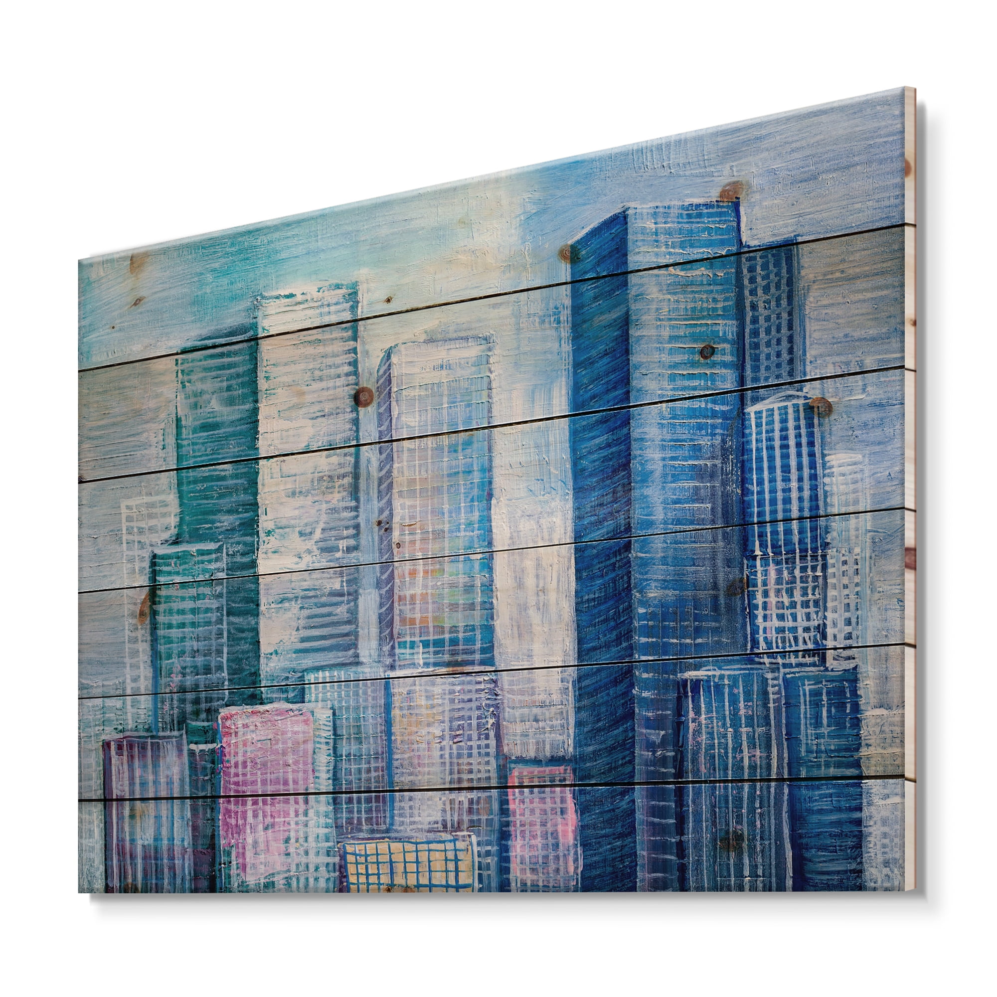 Designart 'Abstract Style Cityscape Panorama Skyscrapers I' Modern Print on Natural Pine Wood
