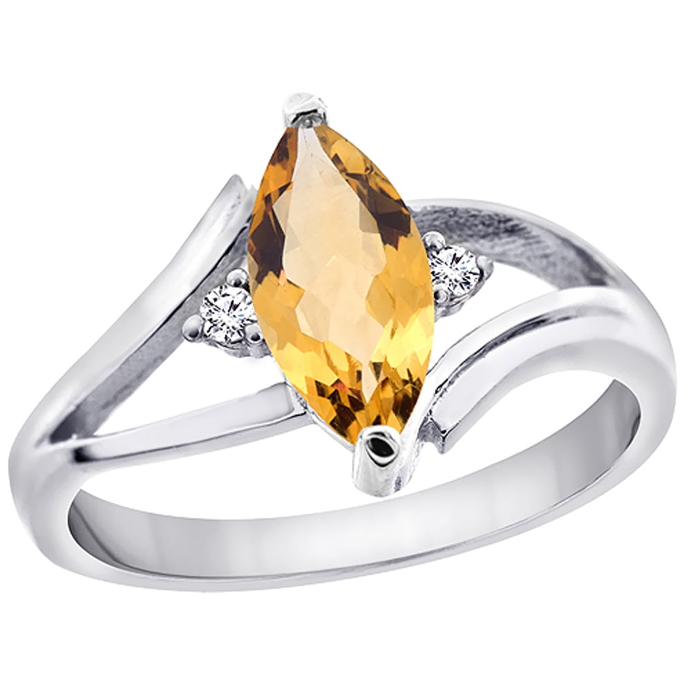 14K White Gold Natural Citrine Ring Marquise 10x5mm Diamond Accent, sizes 5 10 with half sizes by WorldJewels