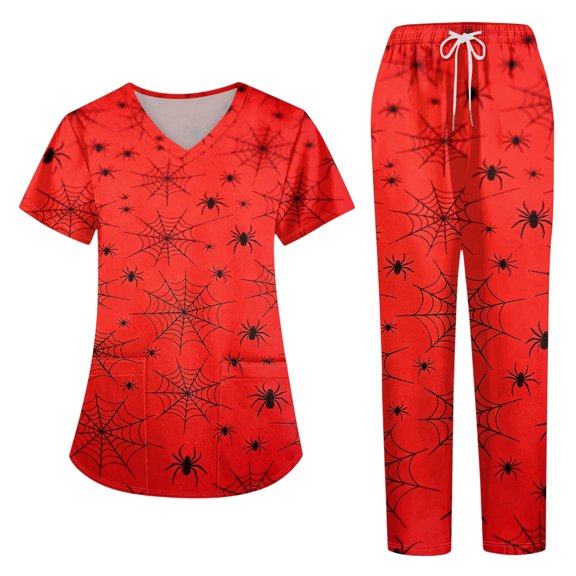 Halloween Scrubs Set for Women, V-Neck Short Sleeve Top & Pants, Soft Breathable Medical Uniform with Pockets for Nurses & Caregivers, Deep Red, L