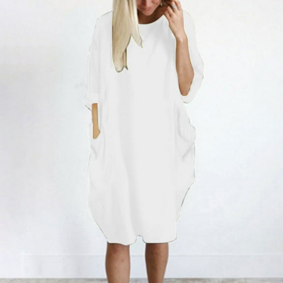 Vibrex Fall Winter Dresses for Women with Pocket Loose Solid Color Dress Round Neck Casual Long Tops Dress Plus Size Skirts for Women Soft Midi Length Stretchable Soft Nightdress Comfortable Dresses