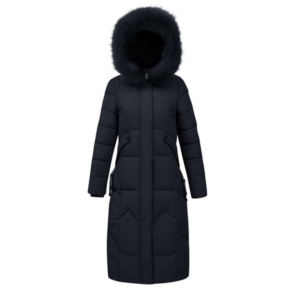 Women's Long Quilted Puffer Jackets Winter Warm Full Zip Hooded Coat Cotton Padded Down Warm Jacket Outerwear (L, Black)