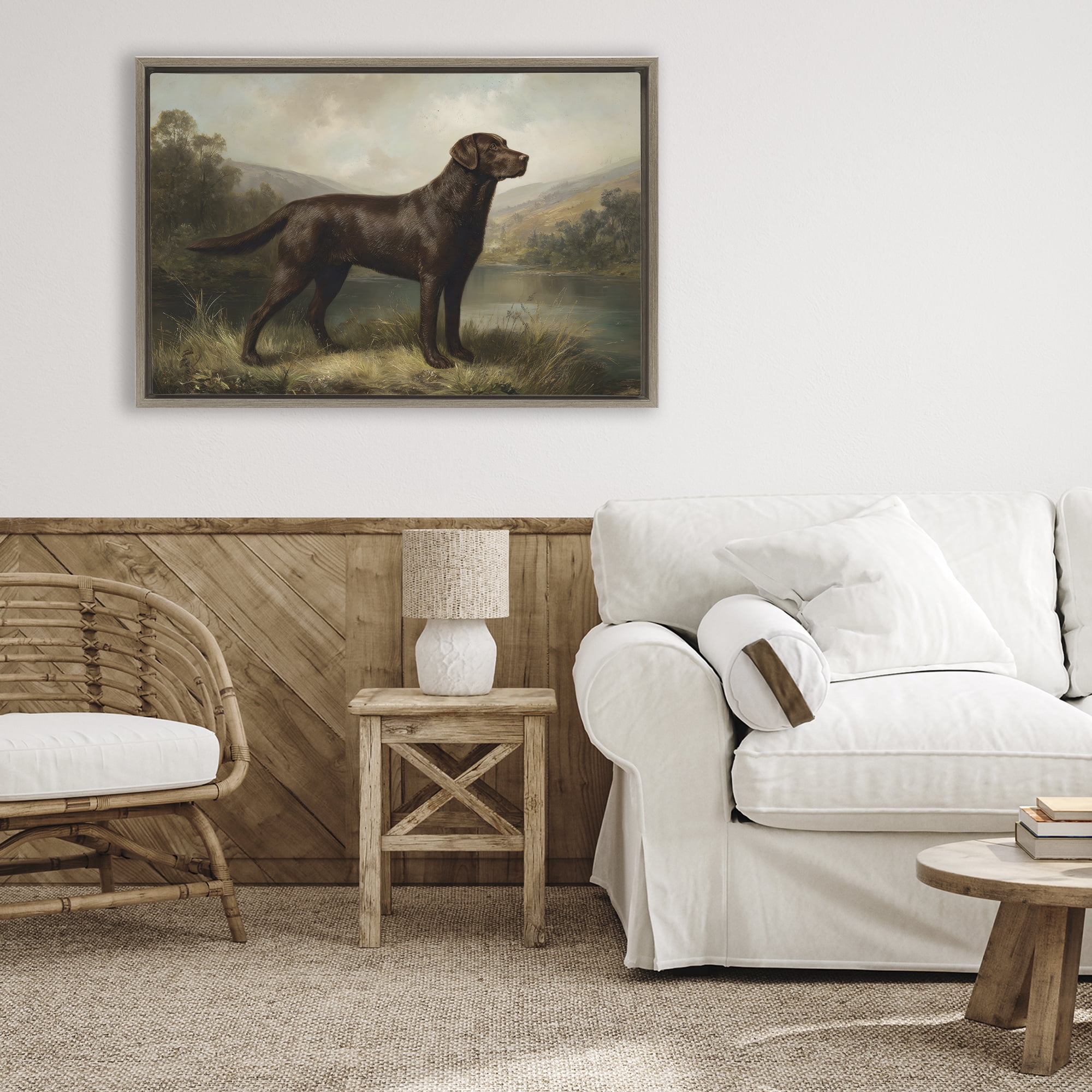 Stupell Industries On Alert Hunting Dog Brown Framed Floater Canvas Wall Art, design by Petal Prints Design