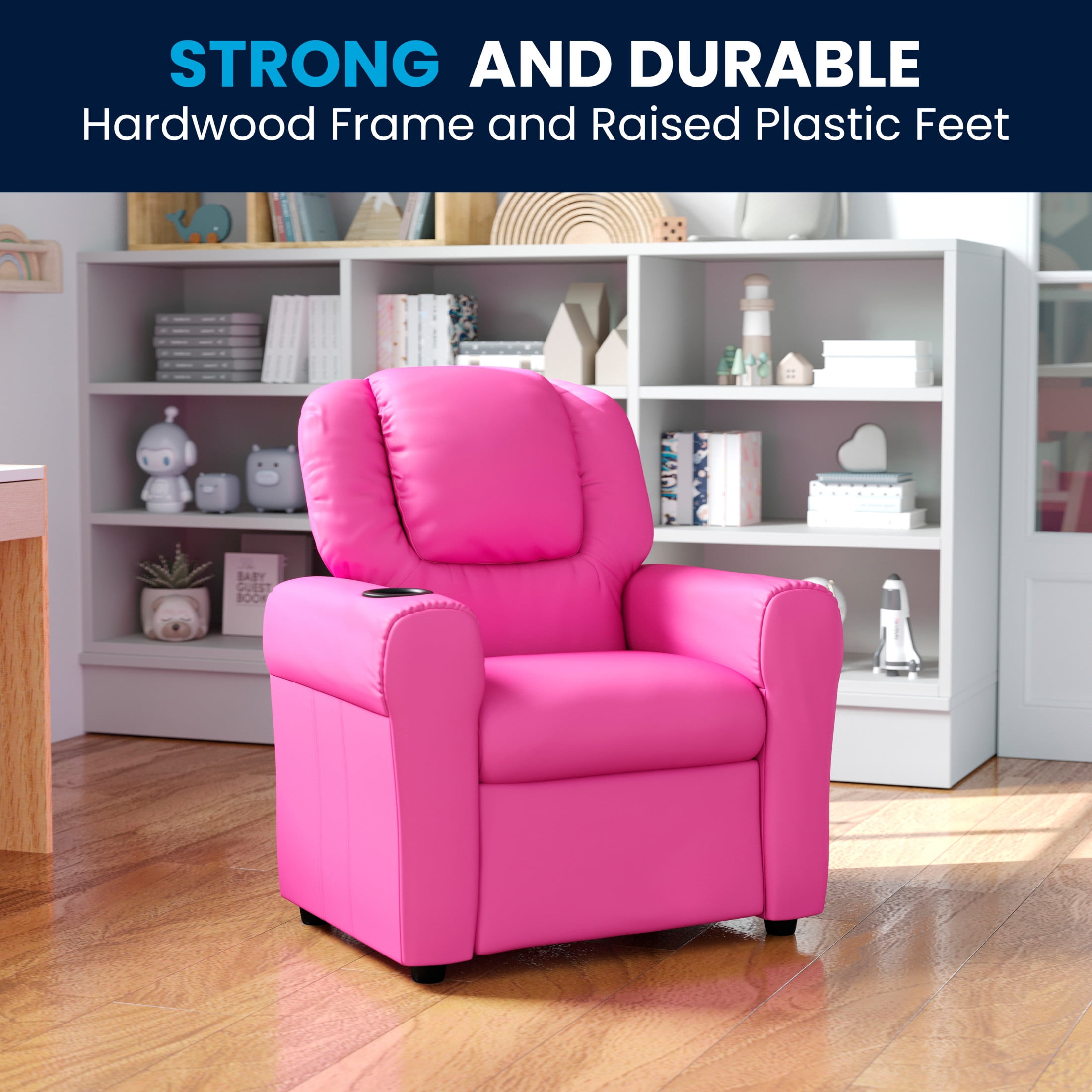 Flash Furniture Vana Contemporary Hot Pink Vinyl Kids Recliner with Cup Holder and Headrest