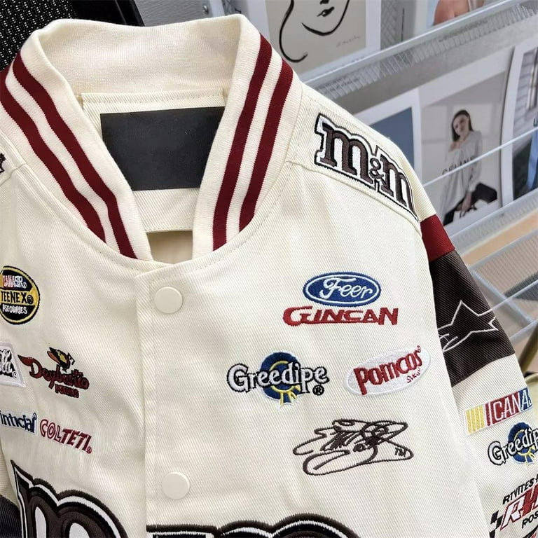 Hip Hop Baseball Jackets Men Vintage Racing Embroidery Patchwork