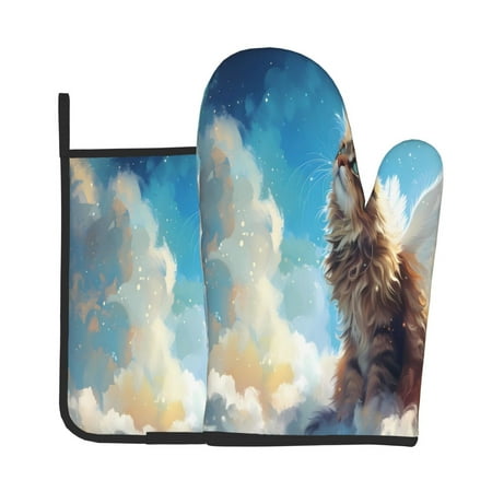 

Xecao Blue Sky Winged Cat Pattern Oven Mitts and Pot Holders Sets Heat Resistant Silicone Oven Mittens Extra Thicken Long Kitchen Cotton Oven Glove for Cooking