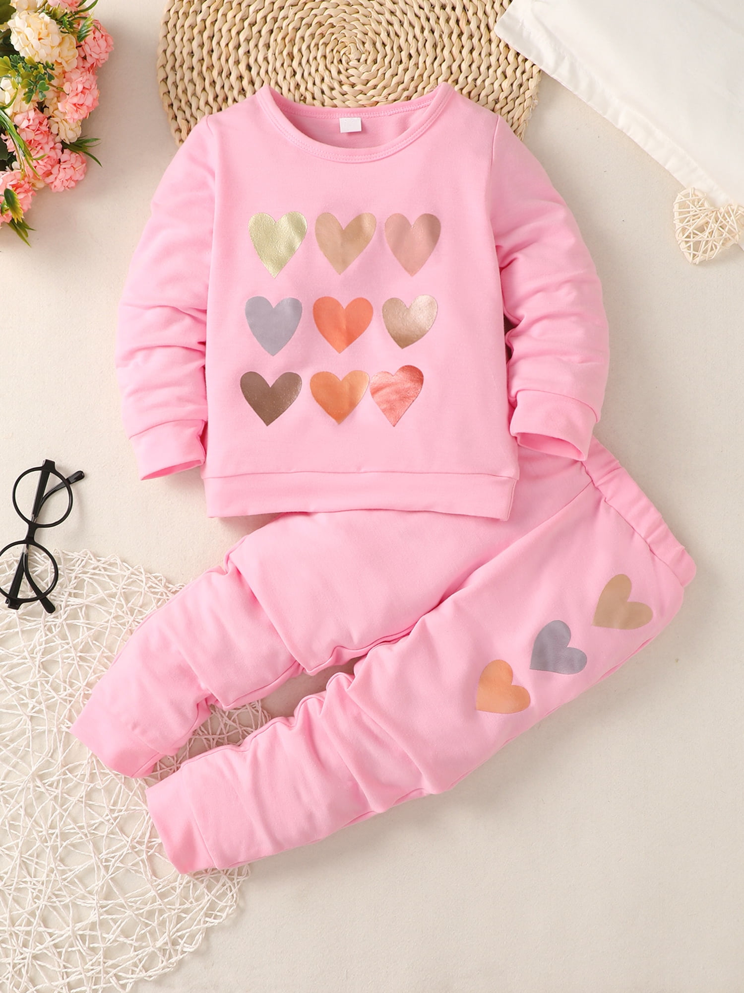 2pcs Heart and Striped Print Hooded Long-sleeve Pink Baby Set