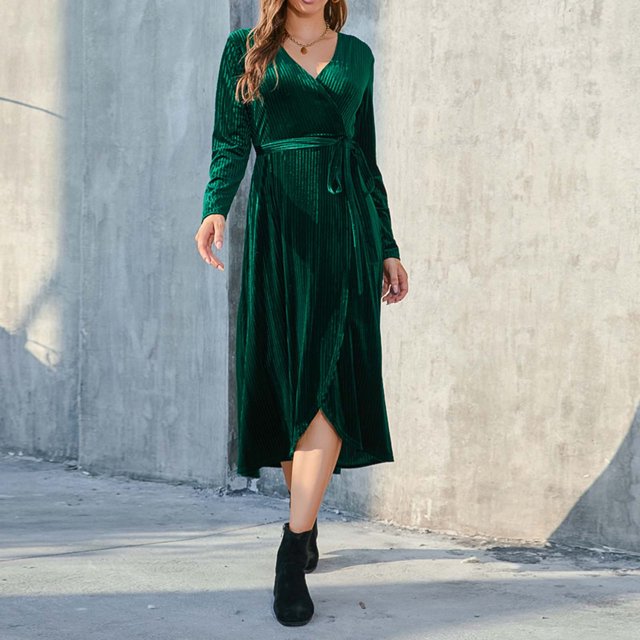 Gspmoly Robes pour Femmes, Robe à Manches Longues pour Femmes à Col en V, Style Élégant, Ajustée, Taille Haute, avec Gants, Robe, Robes de Travail pour Femmes jusqu'à 65 % de Rabais