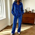 thumbnail image 2 of Szluipve 2 Piece Sets for Women Velour Tracksuit 2 Piece Outfits Hooded Henley Button Long Sleeve Top & Wide Leg Pants Casual Soft Loungewear Set with Pockets Blue L, 2 of 9