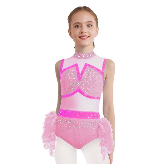 Miutii Figure Skating Dress for Girls Feather Tulle Skirted Leotard Latin Jazz Stage Performance Dancewear Pink 14