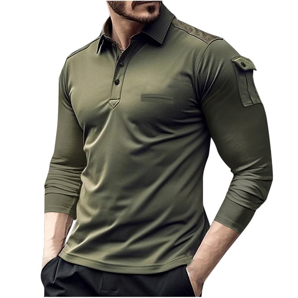 pstuiky camisetas de manga larga para hombre, Camisa de manga larga de color liso para hombre con bolsillos en los brazos y solapa. camisetas de hombre l