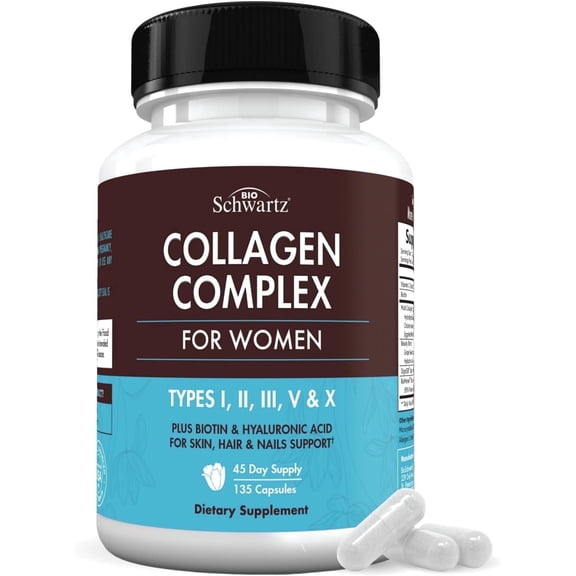 BioSchwartz Multi Collagen Peptides Dietary Supplement with Biotin, 135 Capsules
