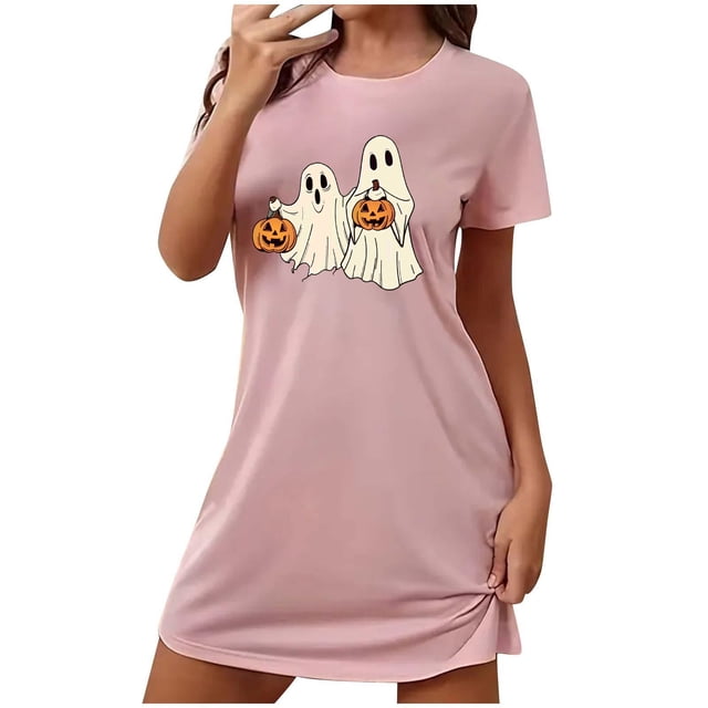 Sakmal Robe de Maison Extensible pour Femmes Halloween Grande Taille Rose Douce Tenue de Détente Manches Courtes Courte Imprimé Fantôme Col Rond Chemises de Nuit P-2TG